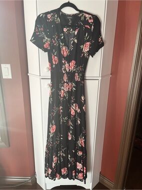 Papillon Blanc Black Maxi Dress with Pink Floral Print